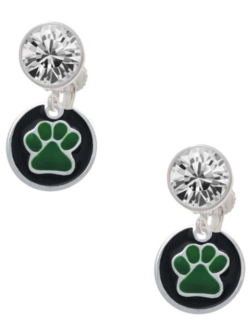Silver Plated Green Paw on Black Disc - Crystal Clip on Earrings: Color Choice - Red, Green, Blue, Purple, Pink, Clear, Black