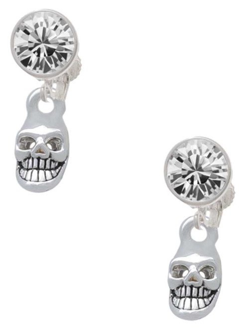 Silver Plated Mini Skull - Crystal Clip on Earrings: Color Choice - Red, Green, Blue, Purple, Pink, Clear, Black