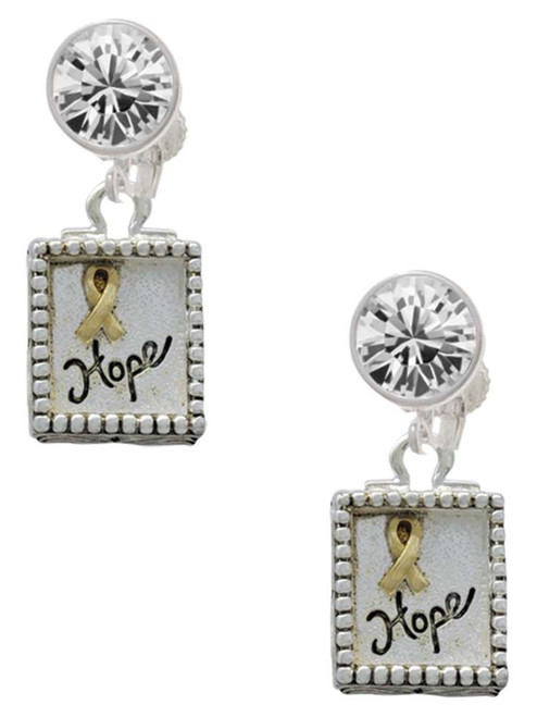 Two-tone Shadow Box ''Hope'' with Ribbon - Crystal Clip on Earrings: Color Choice - Red, Green, Blue, Purple, Pink, Clear, Black