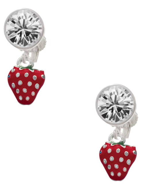Silver Plated Mini 2-D Enamel Strawberry - Crystal Clip on Earrings: Color Choice - Red, Green, Blue, Purple, Pink, Clear, Black