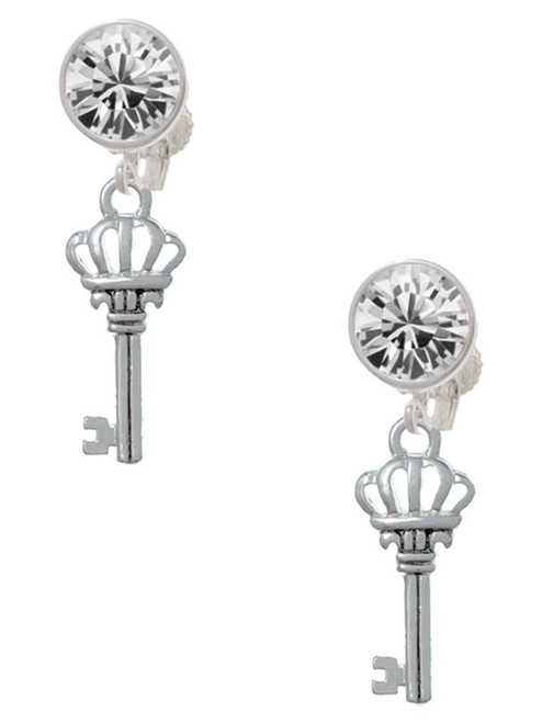 Silver Plated Crown Key - Crystal Clip on Earrings: Color Choice - Red, Green, Blue, Purple, Pink, Clear, Black