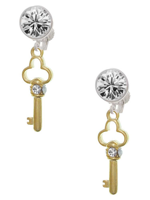 Gold-tone Trefoil Key with Crystals - Crystal Clip on Earrings: Color Choice - Red, Green, Blue, Purple, Pink, Clear, Black