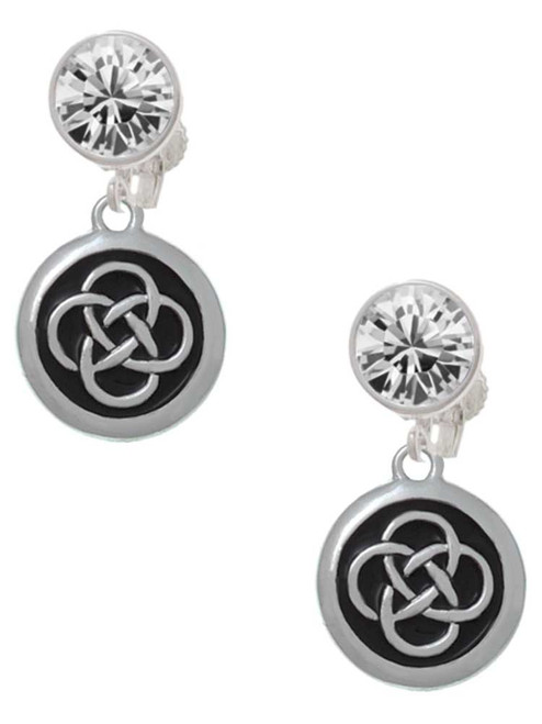 Silver Plated Celtic Knot in Black Circle - Crystal Clip on Earrings: Color Choice - Red, Green, Blue, Purple, Pink, Clear, Black