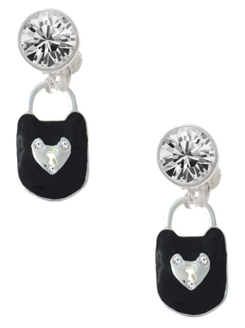 Silver Plated Black Enamel Lock with Clear Crystals - Crystal Clip on Earrings: Color Choice - Red, Green, Blue, Purple, Pink, Clear, Black