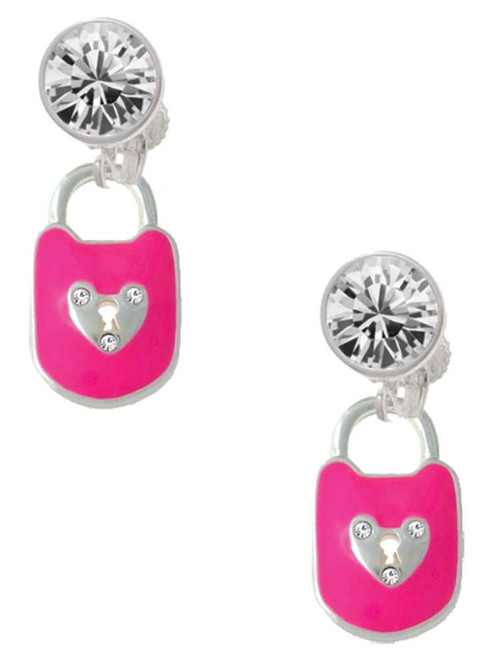 Hot Pink Enamel Lock with Clear Crystals - Crystal Clip on Earrings: Color Choice - Red, Green, Blue, Purple, Pink, Clear, Black