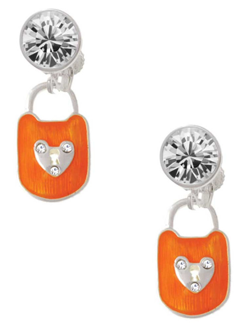 Hot Orange Enamel Lock with Clear Crystals - Crystal Clip on Earrings: Color Choice - Red, Green, Blue, Purple, Pink, Clear, Black