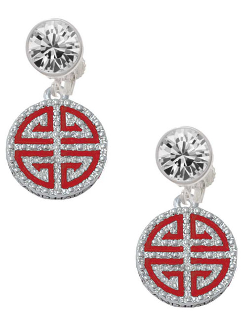 Silver Plated Red Chinese Blessing - Crystal Clip on Earrings: Color Choice - Red, Green, Blue, Purple, Pink, Clear, Black