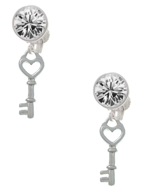 Silver Plated Open Heart Key - Crystal Clip on Earrings: Color Choice - Red, Green, Blue, Purple, Pink, Clear, Black