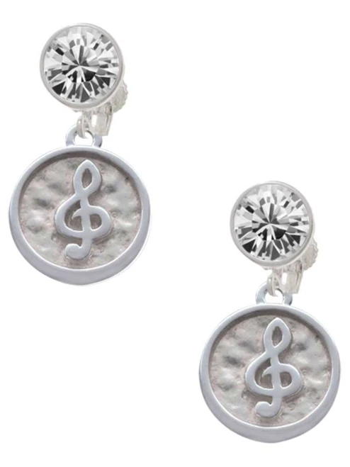 Silver Plated Music Clef - Round Seal - Crystal Clip on Earrings: Color Choice - Red, Green, Blue, Purple, Pink, Clear, Black
