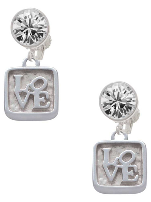 Silver Plated Love Square - Square Seal - Crystal Clip on Earrings: Color Choice - Red, Green, Blue, Purple, Pink, Clear, Black