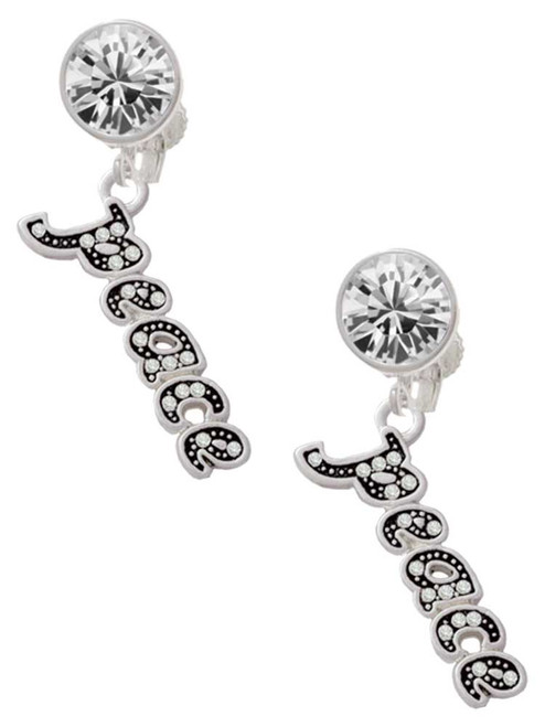 Silver Plated Crystal Script ''Peace'' - Crystal Clip on Earrings: Color Choice - Red, Green, Blue, Purple, Pink, Clear, Black