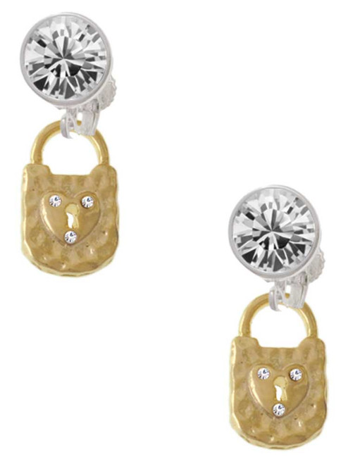 Gold-tone Hammered Lock with Heart Crystals - Crystal Clip on Earrings: Color Choice - Red, Green, Blue, Purple, Pink, Clear, Black