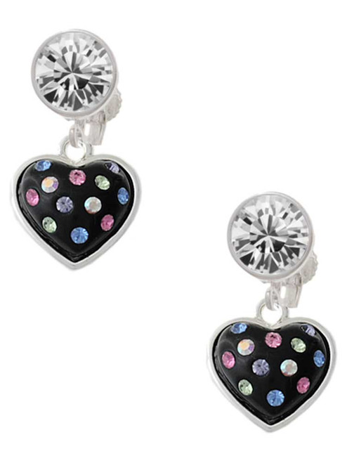 Silver Plated Black Resin Heart with Tropical Crystals - Crystal Clip on Earrings: Color Choice - Red, Green, Blue, Purple, Pink, Clear, Black