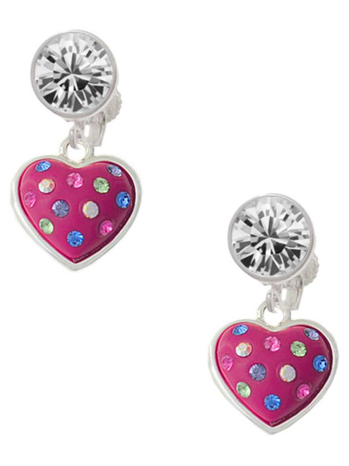 Silver Plated Hot Pink Resin Heart in Frame - Crystal Clip on Earrings: Color Choice - Red, Green, Blue, Purple, Pink, Clear, Black