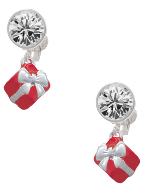 Silver Plated Small 3-D Red Present Box with Bow - Crystal Clip on Earrings: Color Choice - Red, Green, Blue, Purple, Pink, Clear, Black