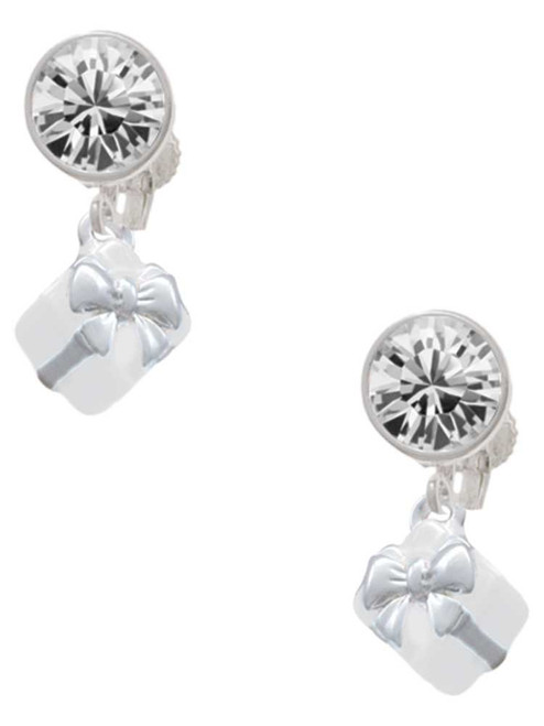 Silver Plated Small 3-D White Present Box with Bow - Crystal Clip on Earrings: Color Choice - Red, Green, Blue, Purple, Pink, Clear, Black