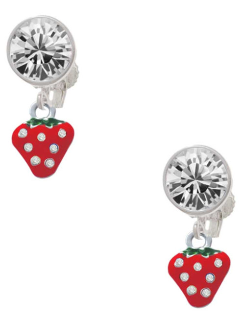Silver Plated Mini Red Strawberry with Clear Crystals - Crystal Clip on Earrings: Color Choice - Red, Green, Blue, Purple, Pink, Clear, Black