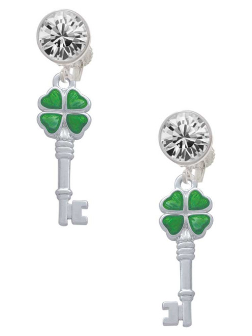 Silver Plated Translucent Green Lucky Four Leaf Clover Key - Crystal Clip on Earrings: Color Choice - Red, Green, Blue, Purple, Pink, Clear, Black