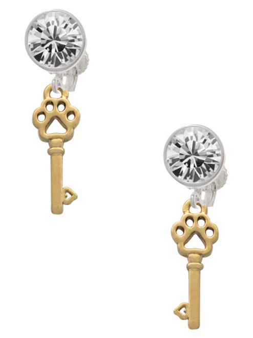 Gold-tone Small Open Paw Key - Crystal Clip on Earrings: Color Choice - Red, Green, Blue, Purple, Pink, Clear, Black
