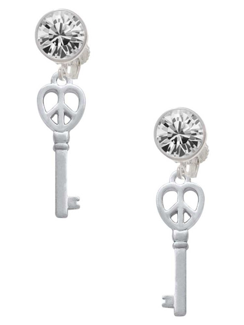 Silver Plated Open Peace Heart Key - Crystal Clip on Earrings: Color Choice - Red, Green, Blue, Purple, Pink, Clear, Black
