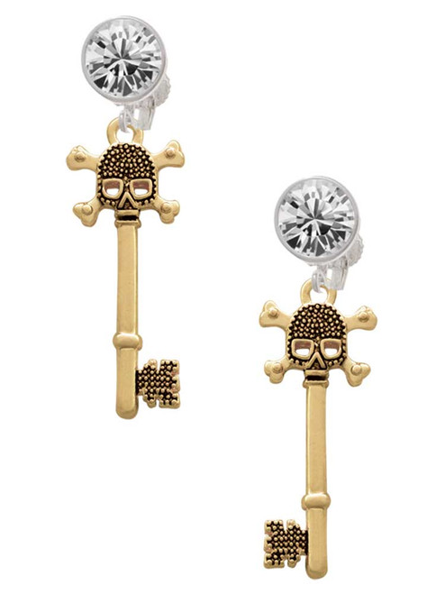Gold-tone Antiqued Beaded Skull Key - Crystal Clip on Earrings: Color Choice - Red, Green, Blue, Purple, Pink, Clear, Black