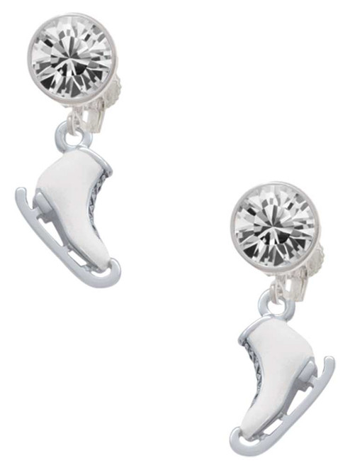 Silver Plated 3-D White Ice Skate - Crystal Clip on Earrings: Color Choice - Red, Green, Blue, Purple, Pink, Clear, Black