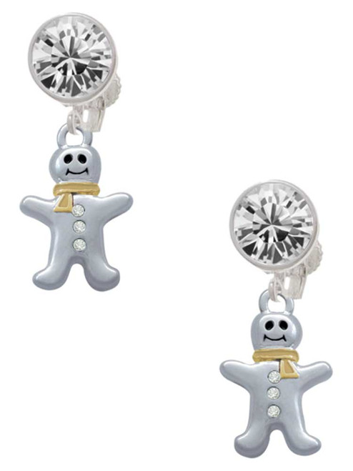 Two-tone Gingerbread Man with Crystal Buttons - Crystal Clip on Earrings: Color Choice - Red, Green, Blue, Purple, Pink, Clear, Black