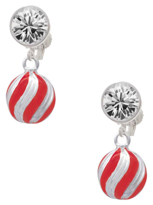 Silver Plated 3-D Red Striped Christmas Ornament - Crystal Clip on Earrings: Color Choice - Red, Green, Blue, Purple, Pink, Clear, Black