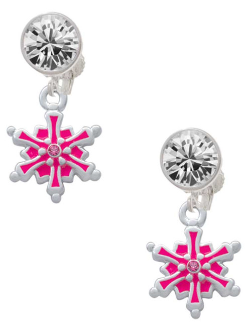 Hot Pink Snowflake with Hot Pink Crystal - Crystal Clip on Earrings: Color Choice - Red, Green, Blue, Purple, Pink, Clear, Black