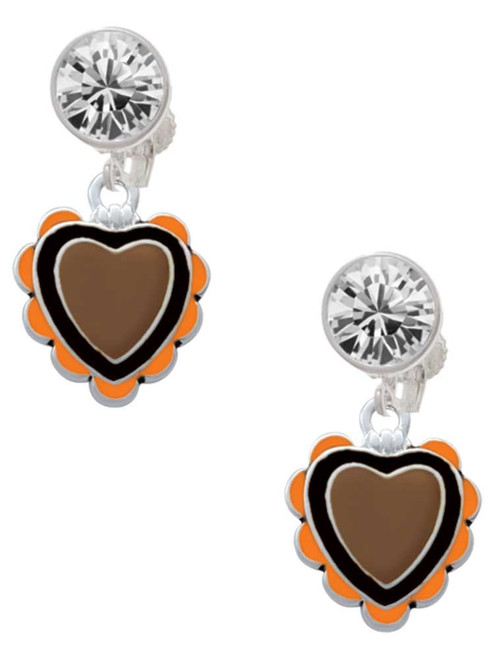 Silver Plated Brown & Black Heart with Orange Ruffles - Crystal Clip on Earrings: Color Choice - Red, Green, Blue, Purple, Pink, Clear, Black