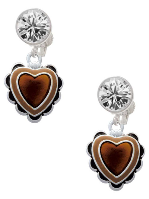 Silver Plated Brown Ruffle Heart - Crystal Clip on Earrings: Color Choice - Red, Green, Blue, Purple, Pink, Clear, Black