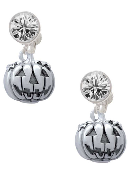 Silver Plated 3-D Large Jack O' Lantern with Leaves - Crystal Clip on Earrings: Color Choice - Red, Green, Blue, Purple, Pink, Clear, Black