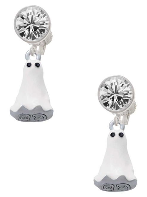Silver Plated 3-D White Ghost with Black Crystals - Crystal Clip on Earrings: Color Choice - Red, Green, Blue, Purple, Pink, Clear, Black