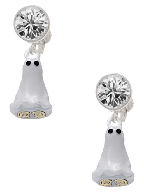 Two-tone 3-D Ghost with Black Crystals - Crystal Clip on Earrings: Color Choice - Red, Green, Blue, Purple, Pink, Clear, Black