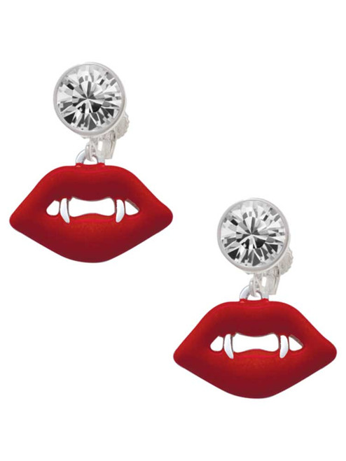 Silver Plated Red Enamel Vampire Lips - Crystal Clip on Earrings: Color Choice - Red, Green, Blue, Purple, Pink, Clear, Black