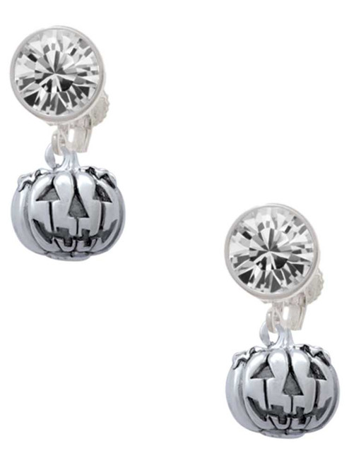 Silver Plated Small Jack O'Lantern with Stem - Crystal Clip on Earrings: Color Choice - Red, Green, Blue, Purple, Pink, Clear, Black