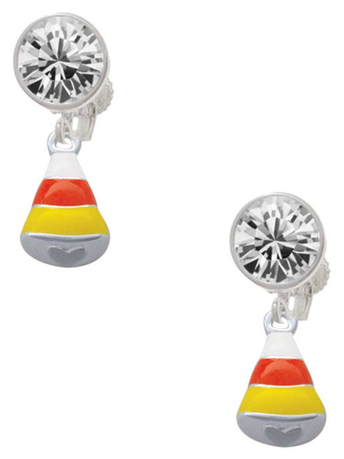 Silver Plated Small 3-D Enamel Candy Corn - Crystal Clip on Earrings: Color Choice - Red, Green, Blue, Purple, Pink, Clear, Black