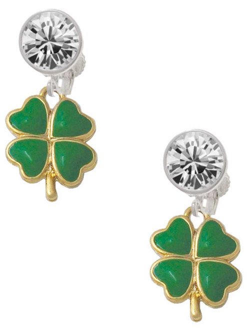 Gold-tone Opaque Green Lucky Four Leaf Clover - Crystal Clip on Earrings: Color Choice - Red, Green, Blue, Purple, Pink, Clear, Black