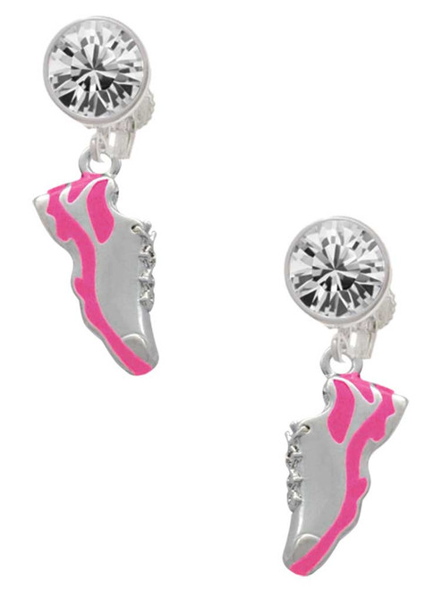 Silver Plated Hot Pink Running Shoe - Crystal Clip on Earrings: Color Choice - Red, Green, Blue, Purple, Pink, Clear, Black