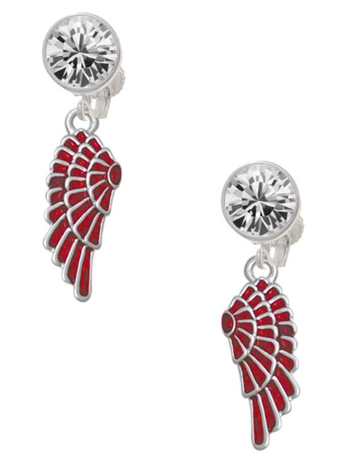 Silver Plated Medium Translucent Red Angel Wing - Crystal Clip on Earrings: Color Choice - Red, Green, Blue, Purple, Pink, Clear, Black