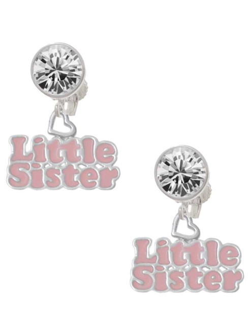 Pink ''Little Sister'' with Heart - Crystal Clip on Earrings: Color Choice - Red, Green, Blue, Purple, Pink, Clear, Black