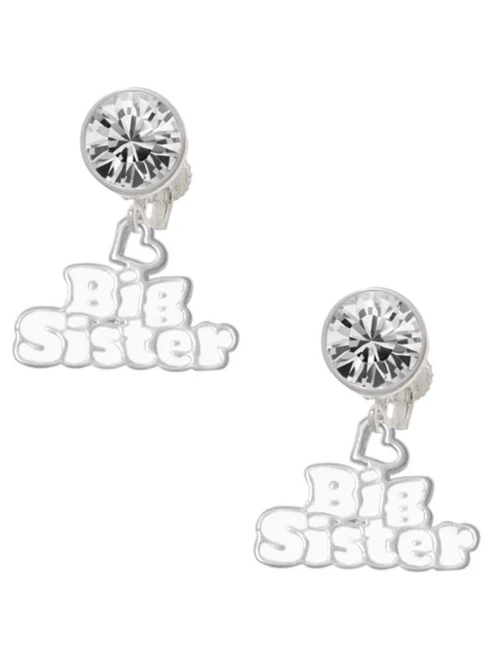 Silver Plated White ''Big Sister'' with Heart - Crystal Clip on Earrings: Color Choice - Red, Green, Blue, Purple, Pink, Clear, Black