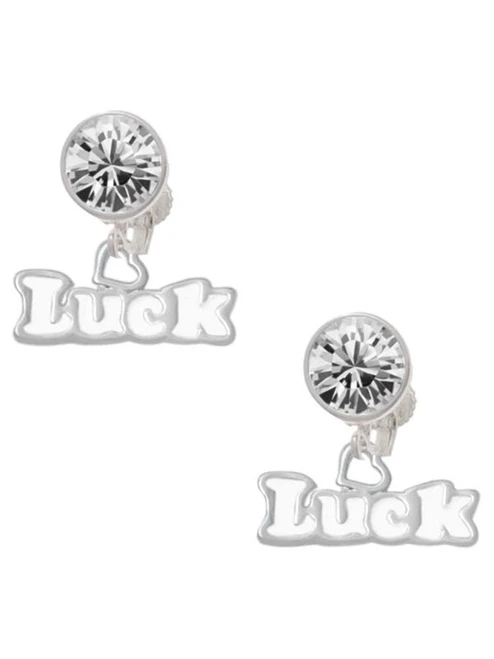 White ''Luck'' with Heart - Crystal Clip on Earrings: Color Choice - Red, Green, Blue, Purple, Pink, Clear, Black
