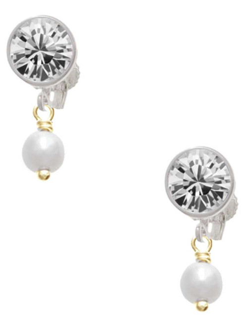 Gold-tone 6mm Glass Imitation Pearl Bead Drop - Crystal Clip on Earrings: Color Choice - Red, Green, Blue, Purple, Pink, Clear, Black