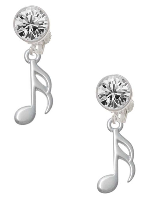 Silver Plated Sixteenth Note - Crystal Clip on Earrings: Color Choice - Red, Green, Blue, Purple, Pink, Clear, Black