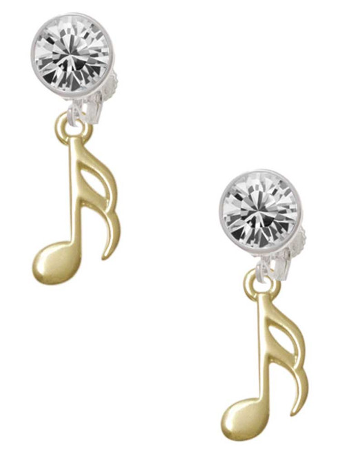 Gold-tone Sixteenth Note - Crystal Clip on Earrings: Color Choice - Red, Green, Blue, Purple, Pink, Clear, Black