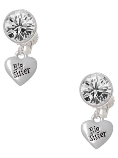 Silver Plated Mini 3-D ''Big Sister'' Heart - Crystal Clip on Earrings: Color Choice - Red, Green, Blue, Purple, Pink, Clear, Black
