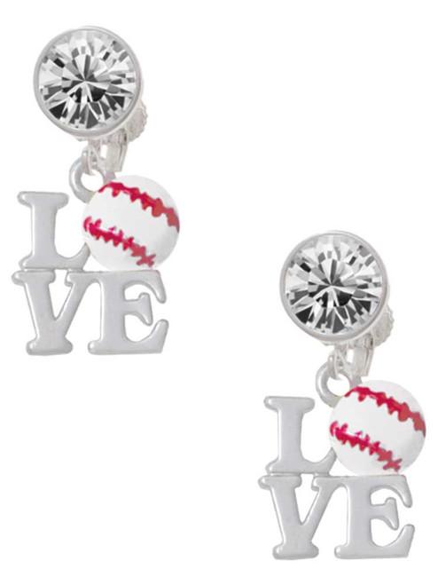 Love with Baseball - Crystal Clip on Earrings: Color Choice - Red, Green, Blue, Purple, Pink, Clear, Black