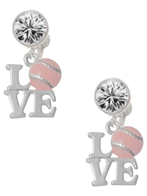 Love with Pink Softball - Crystal Clip on Earrings: Color Choice - Red, Green, Blue, Purple, Pink, Clear, Black