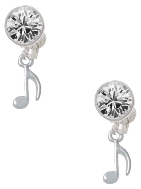 Silver Plated Mini Eighth Note - Crystal Clip on Earrings: Color Choice - Red, Green, Blue, Purple, Pink, Clear, Black